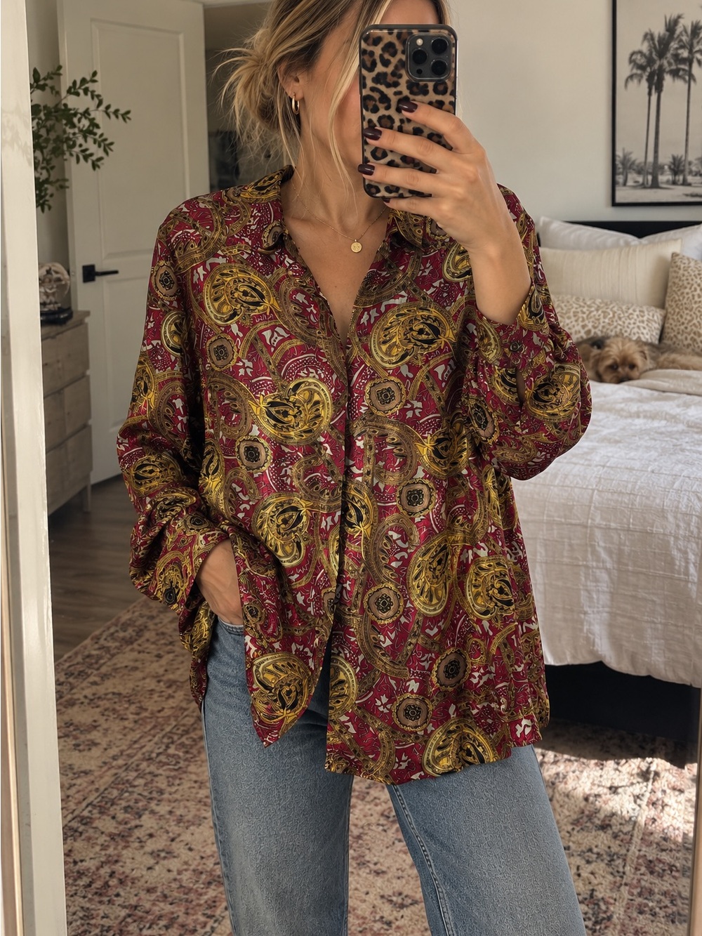 Vintage Tess Paisley Button-Down Blouse in Burgundy & Mustard